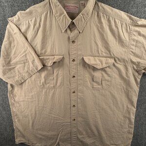 VTG C.C. Filson 2XL Short Sleeve Beige Button Up Shirt Double Pocket Cotton ***